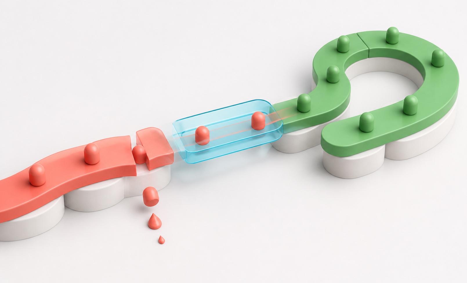 A broken customer journey leaking people, bridged into a clear path that brings customers back.